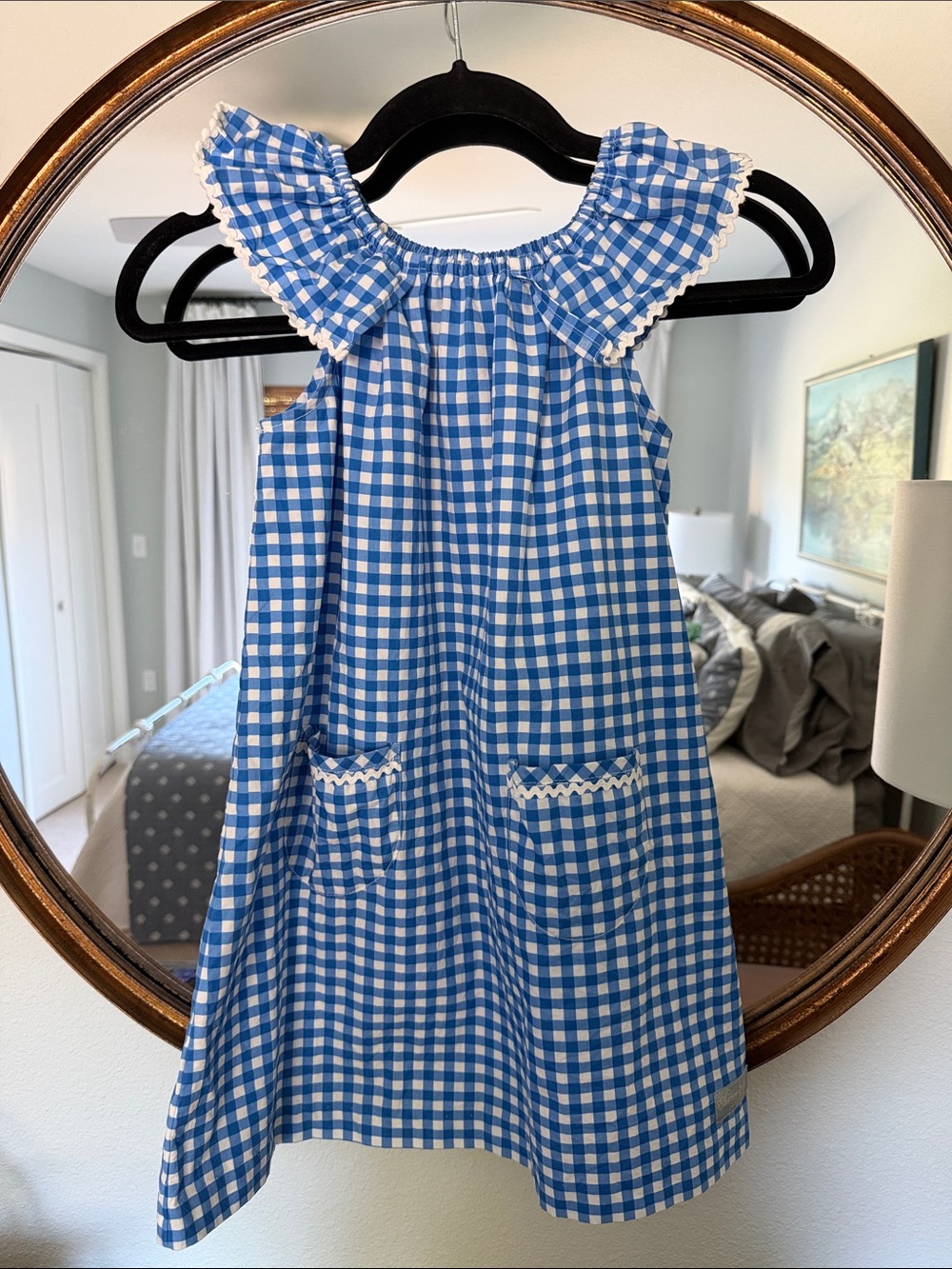 Eleanor Rose Blue Gingham Ruffle-Neck Kids Dress with Front Pockets